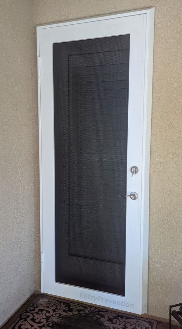SINGLE SECURITY SCREEN DOOR WITH WHITE FRAME AND BLACK SCREEN