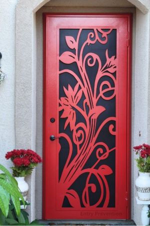 RED SINGLE SECURITY SCREEN DOOR WITH FLORAL ART DESIGN